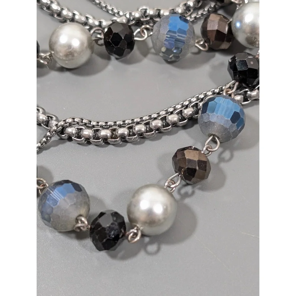 Layered Gray Beaded Statement Necklace‎ Silver Tone Multi Strand Bib 20